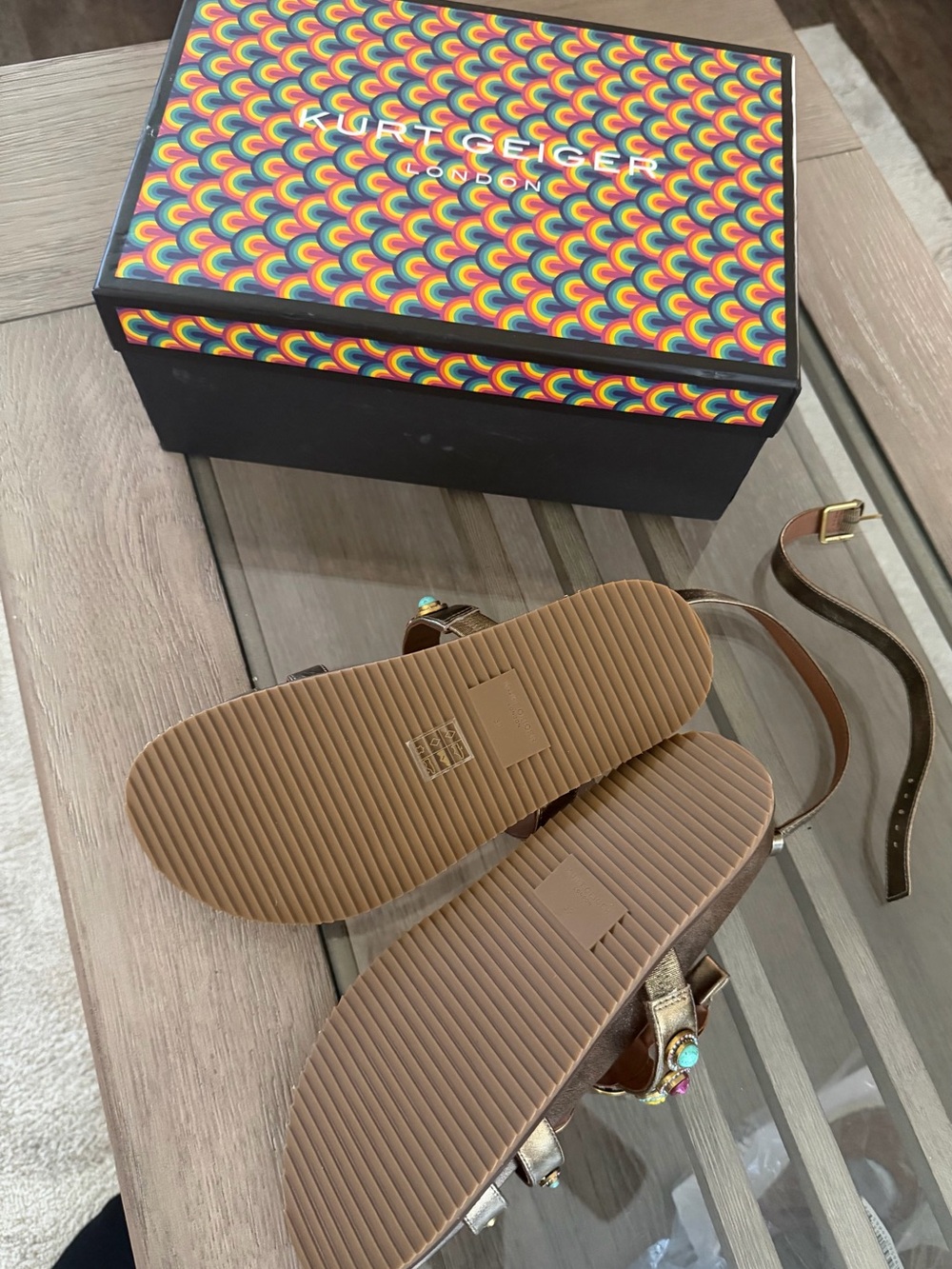 Kurt Geiger Bronze Metallic Jeweled Strappy Sandals - Picture 2 of 6
